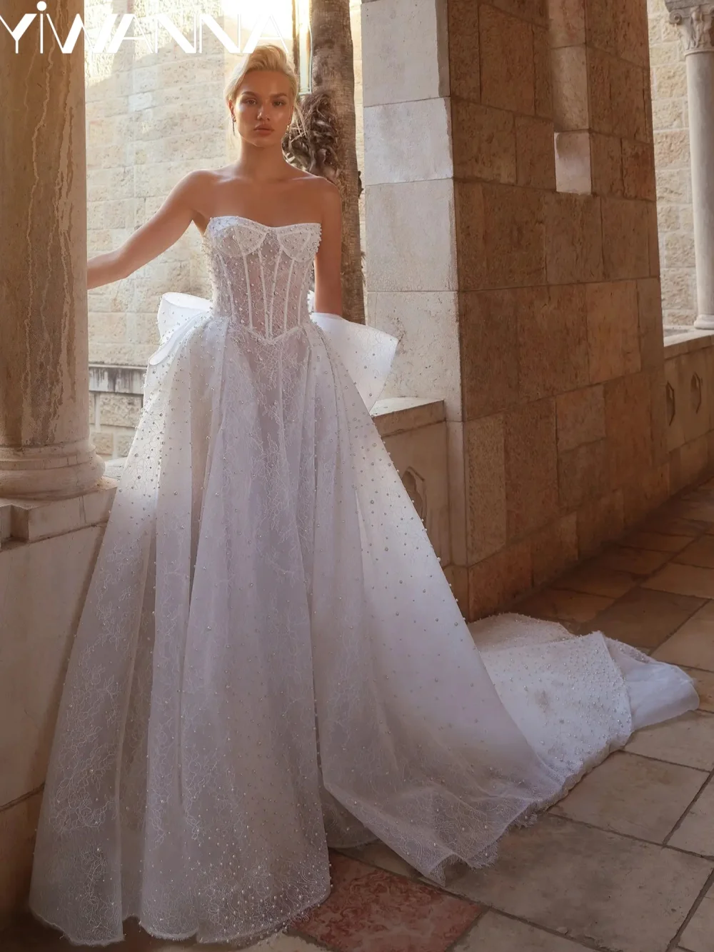 

White Dreamy Pearls Lace Wedding Dress With Bow A-line Strapless Long Bridal Gown 2026 Customized Elegant Dresses For Bride