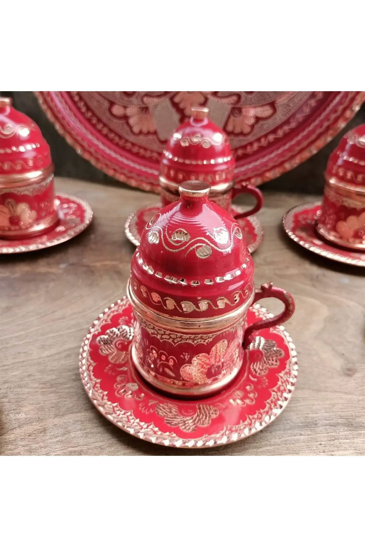 

Coffee set red rose flower embroidered Cooper Luxury Cups