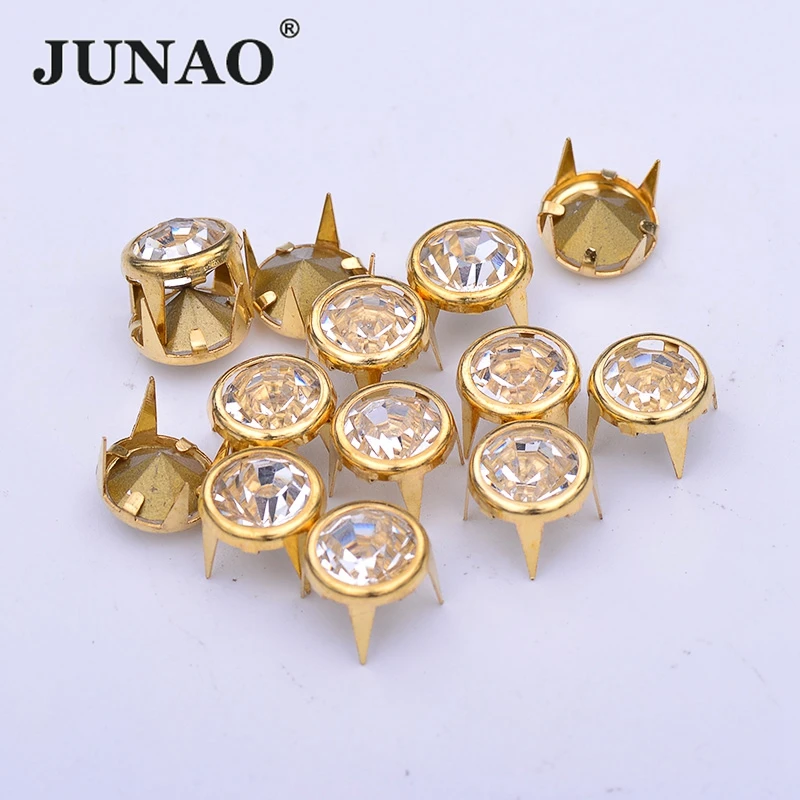 JUNAO 50Pcs 10mm Gold Rhinestone Rivet Metal Studs Spikes Decoration Rivet For Leather Clothes Shoes DIY Crafts