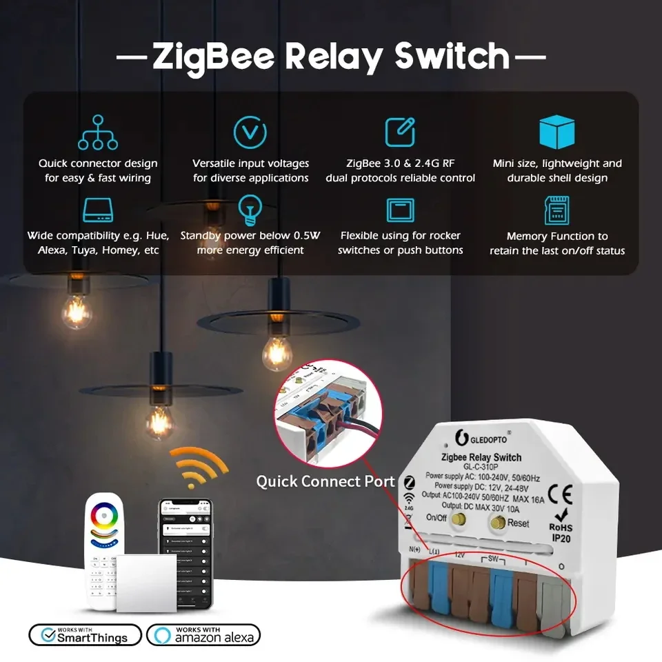 GL-C-310P GLEDOPTO Ultra-mini  ZigBee 3.0 ON OFF Relay Switch APP Voice Control DC12V 24-48V AC100-240V