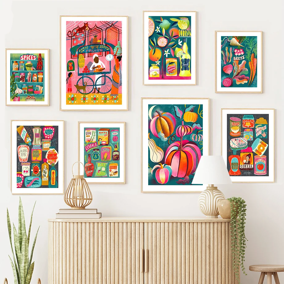 Whimsical Folk Art Kitchen Wall Art Colorful Fruit Spice Market Food Grocery Vibrant Poster Canvas Print Dining Room Home Decor