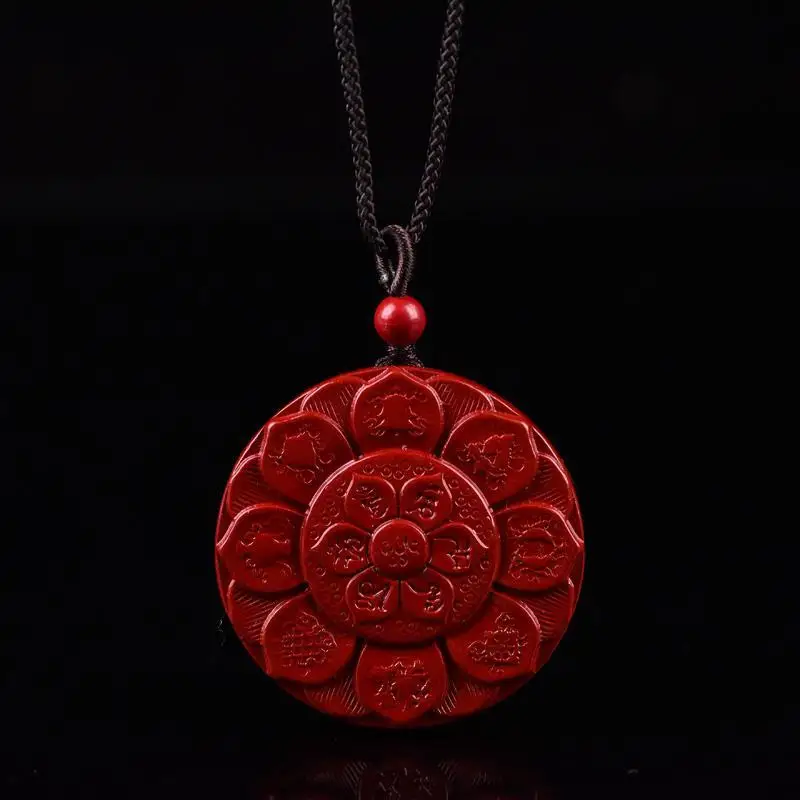 Traditional Chinese Style Natural Purple Gold Cinnabar Carved Lotus Pendant Lucky Blessing Wealth Attracting Necklace For Men