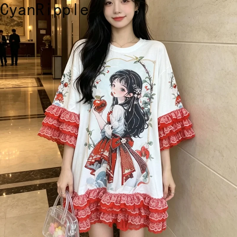 

2D Age Reduction Cartoon Printed Mid-long T-shirt Oversize Round Neck Pullover Top Elegant Red Lace Splicing Half Sleeve Dress