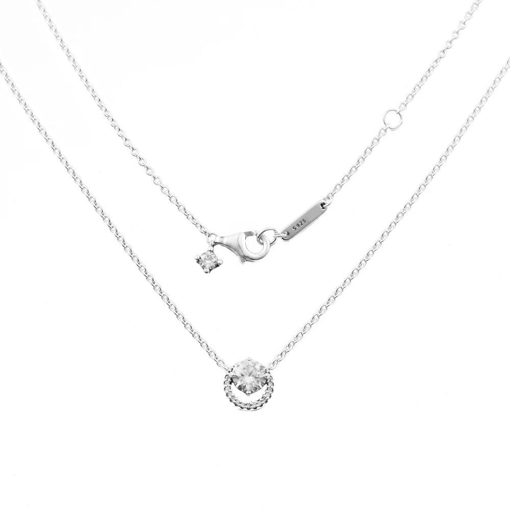 

2024 Sparkling Round Halo Pendant Collier Necklace 100% Real Sterling Silver Fashion Choker Jewelry Female Necklace For Women