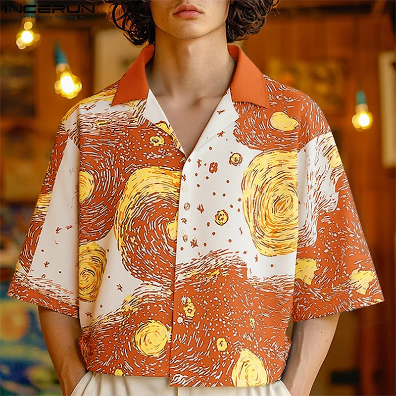 

INCERUN Мужская рубашка с принтом на лацкане и коротким рукавом на пуговицах, повседневная мужская одежда, летняя уличная одежда, свободные мужские рубашки для отпуска 2025 года, топы