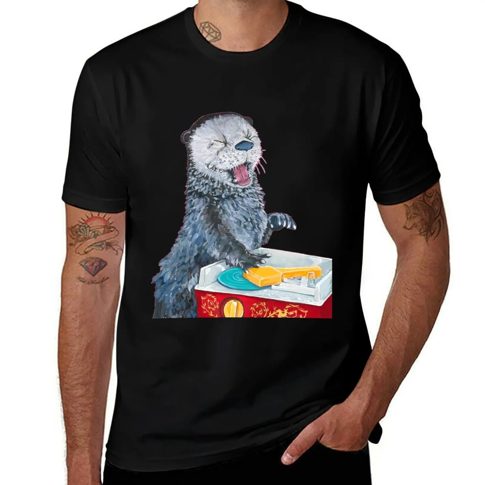 Rectangular ReDesign of Original Artwork Otter with Vintage Children's record Player toy with white background T-Shirt