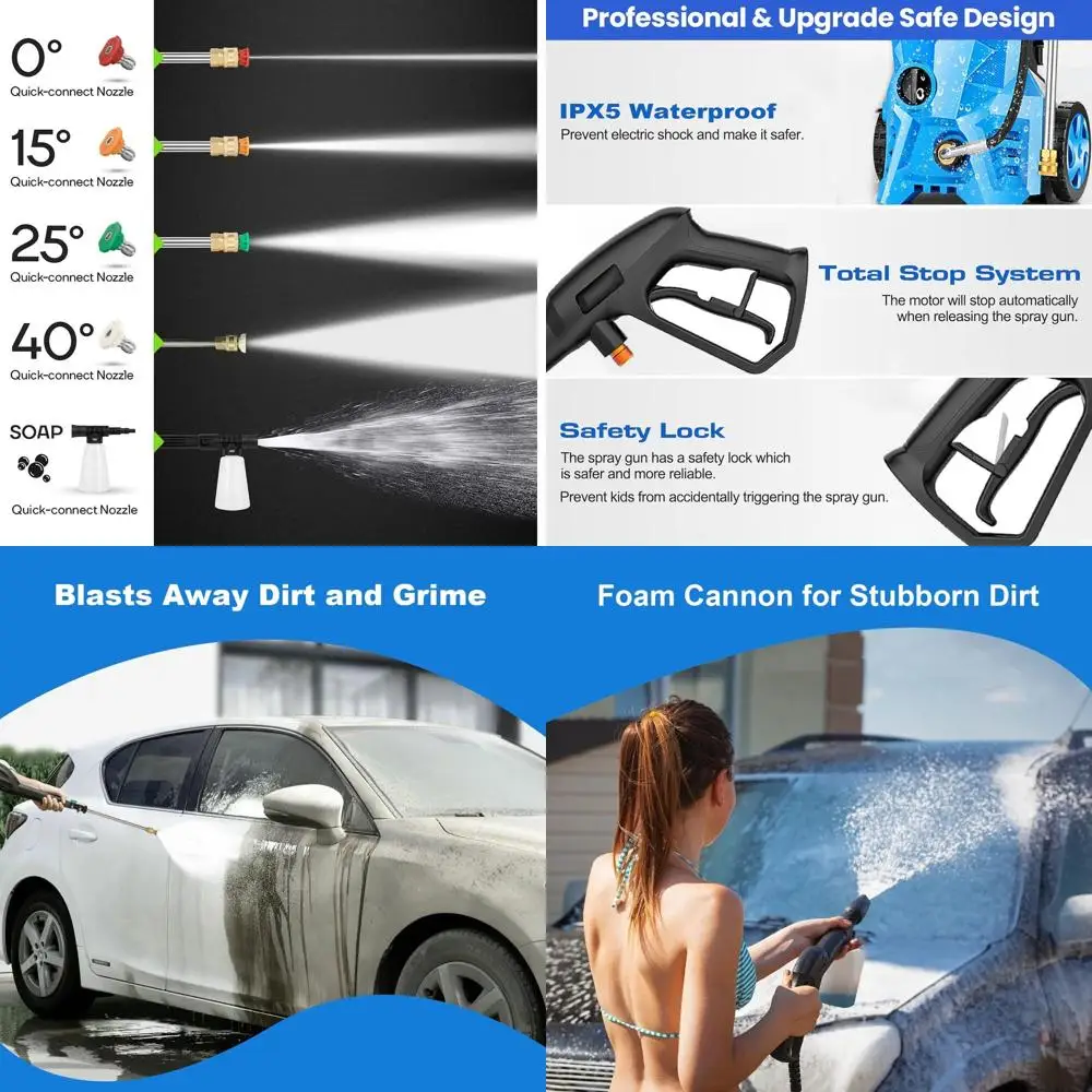 

Мощная мойка высокого давления 5000 PSI, 2.8 GPM с 4 насадками и пенной насадкой для уборки дома, автомобиля и патио, синяя