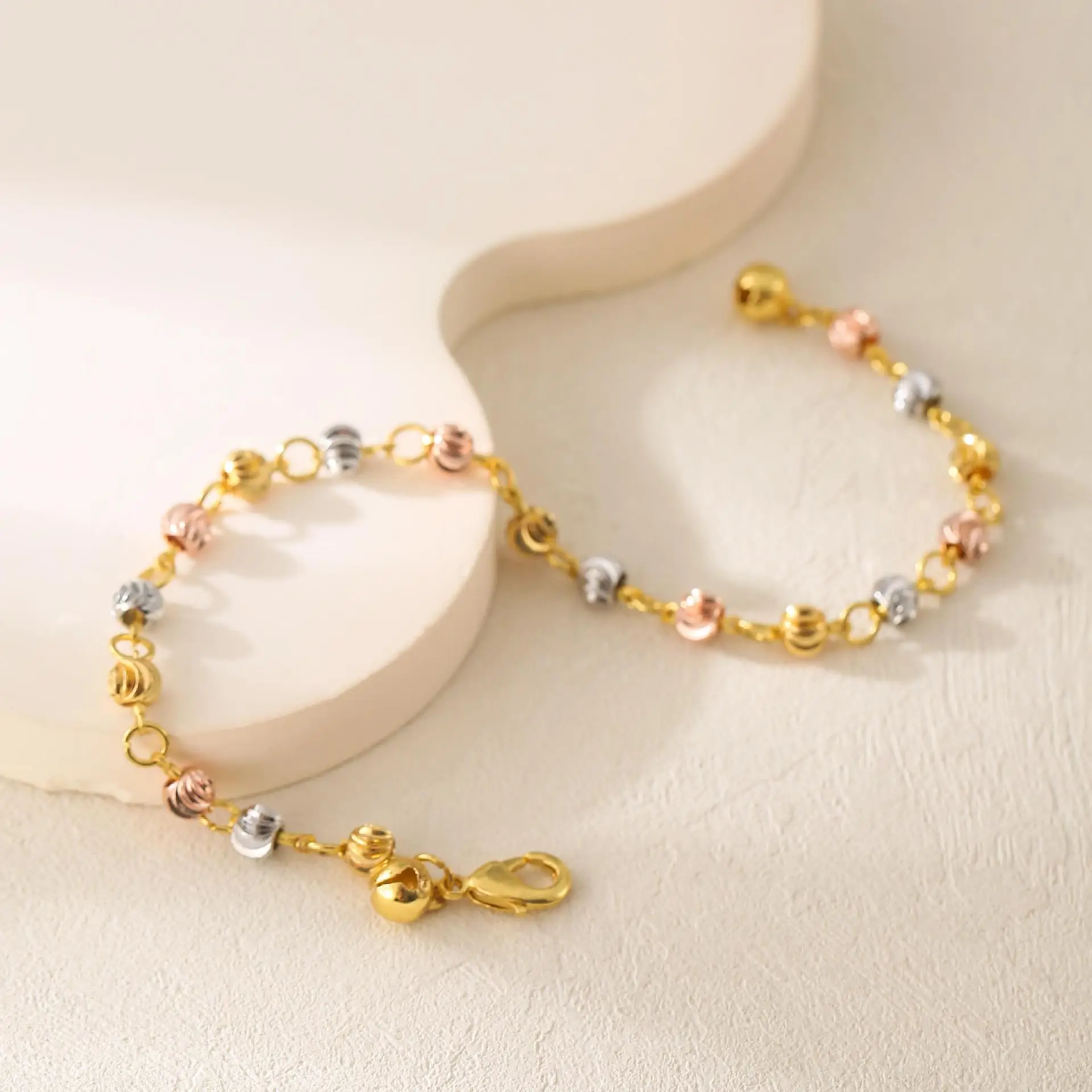 Tri-color Beaded Bracelet for Womene 18K Three-tone Gold Plated Bead Bracelet Durable Daily Wear