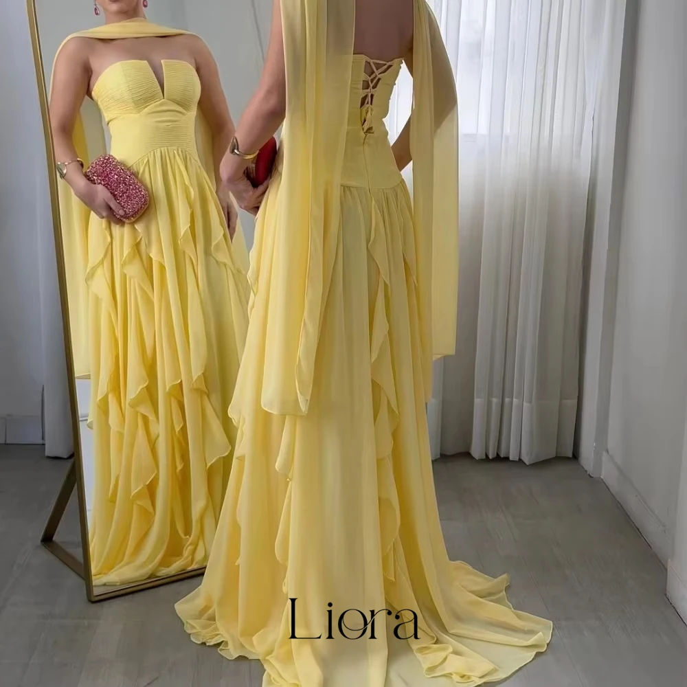 Liora Customized Bright Lemon Yellow Formal Evening Dress Strapless Front Keyhole Boned Corset Bodice Cascading Ruffle Prom Gown