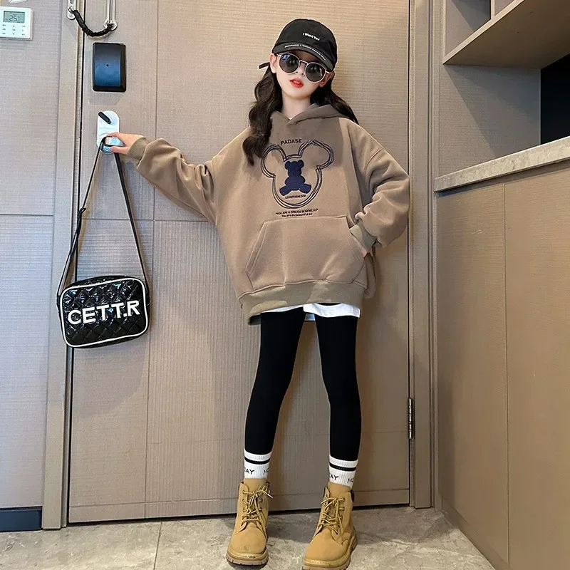 

3-15Y Suit Autumn Girls Sweatshirt Set Children's Embroidery Cartoon Hooded Top Bottom Pants 2 Pieces Spring Thin Clothes Trend