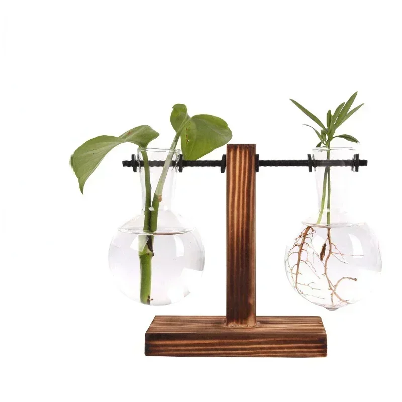 Transparent Bulb Vase With Wooden Stand Desktop Glass Planter For Hydroponics Plants Coffee Shop Room Decor