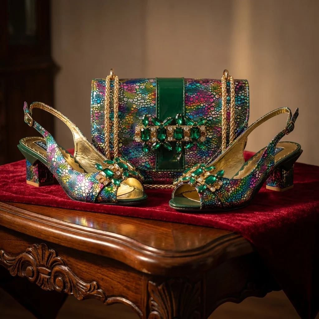 2026 New Elegant Rhinestone Peep Toe Women High Heels Sandals Italian Design with Coordinating Green Handbag Party Shoes and Bag