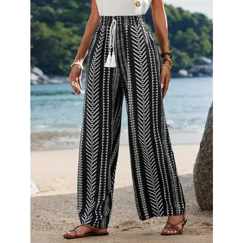 

Женские повседневные и простые широкие брюки больших размеров в полоску с принтом, женские повседневные брюки на шнуровке