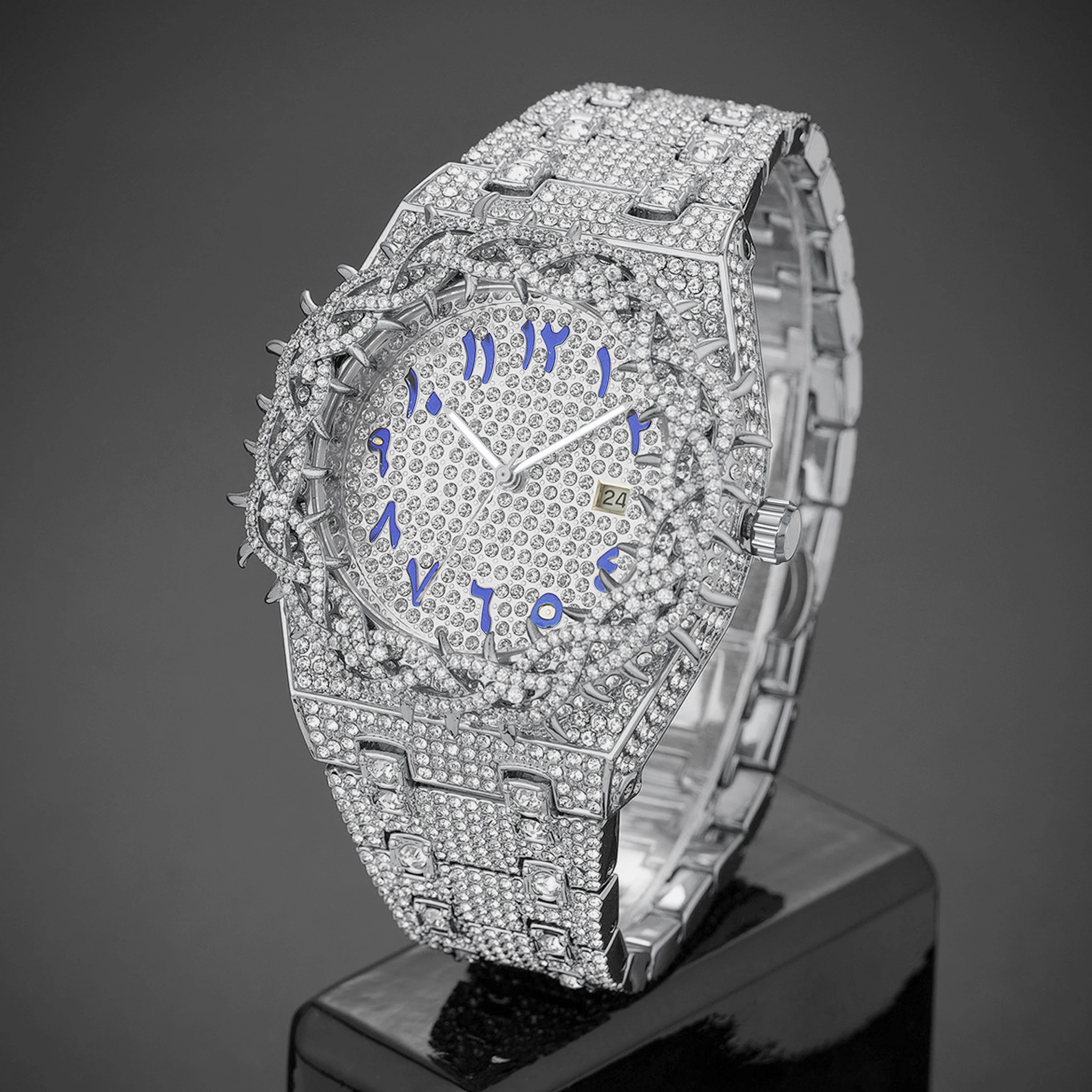 1pc Men's Quartz Watch. New Model with Full Water-Diamond Strap. Ice-Cold Hip Large Dial Men's Watch. Personalized Mesh-Set Zirc view 6