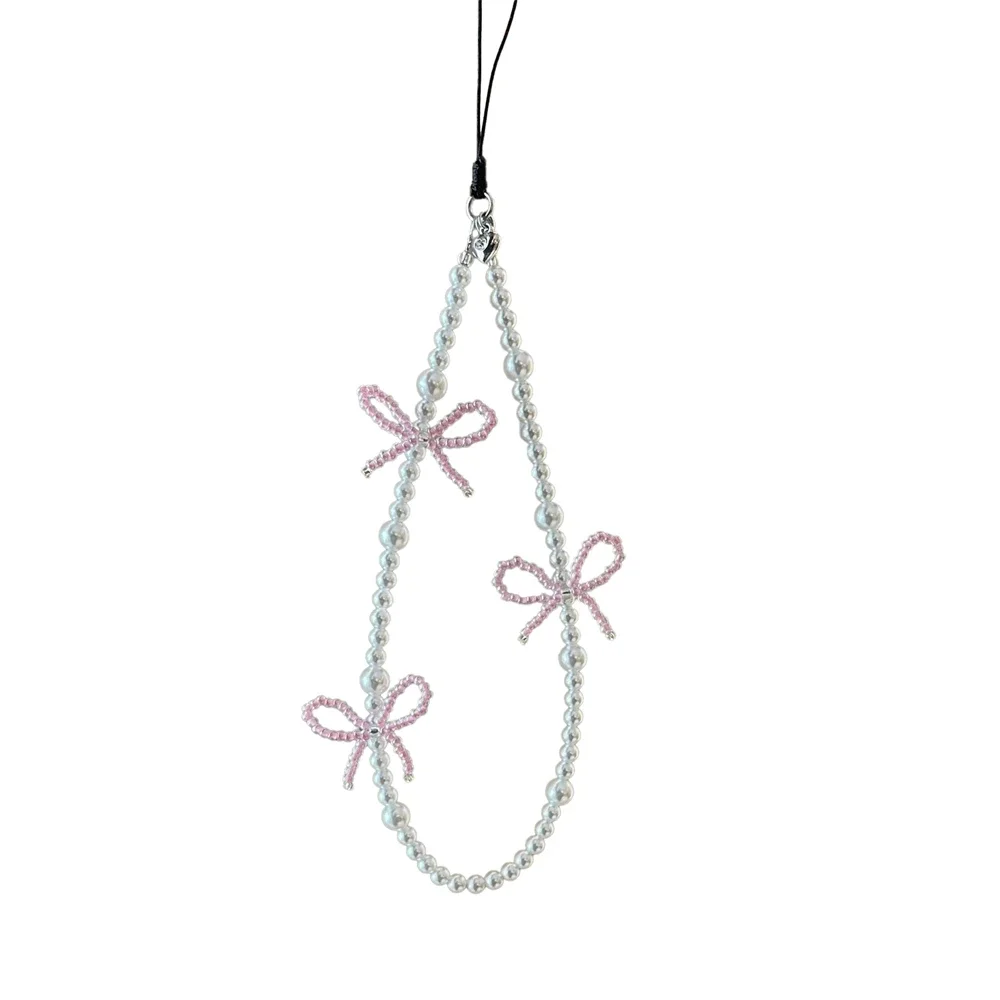 Korea Cute Pink Bowknot Pearl Pendant Beaded Phone Charm for IPhone Accessrioes Lanyard Woman Girl Jewelry Hanging Rope Strap