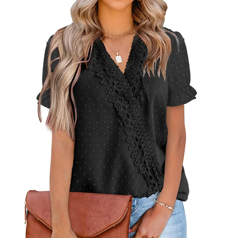 Summer Fashion V-neck Lace Jacquard Patchwork Pompon Chiffon Shirts Top Women Solid Ruffle Short Sleeve Loose Casual Wild Blouse