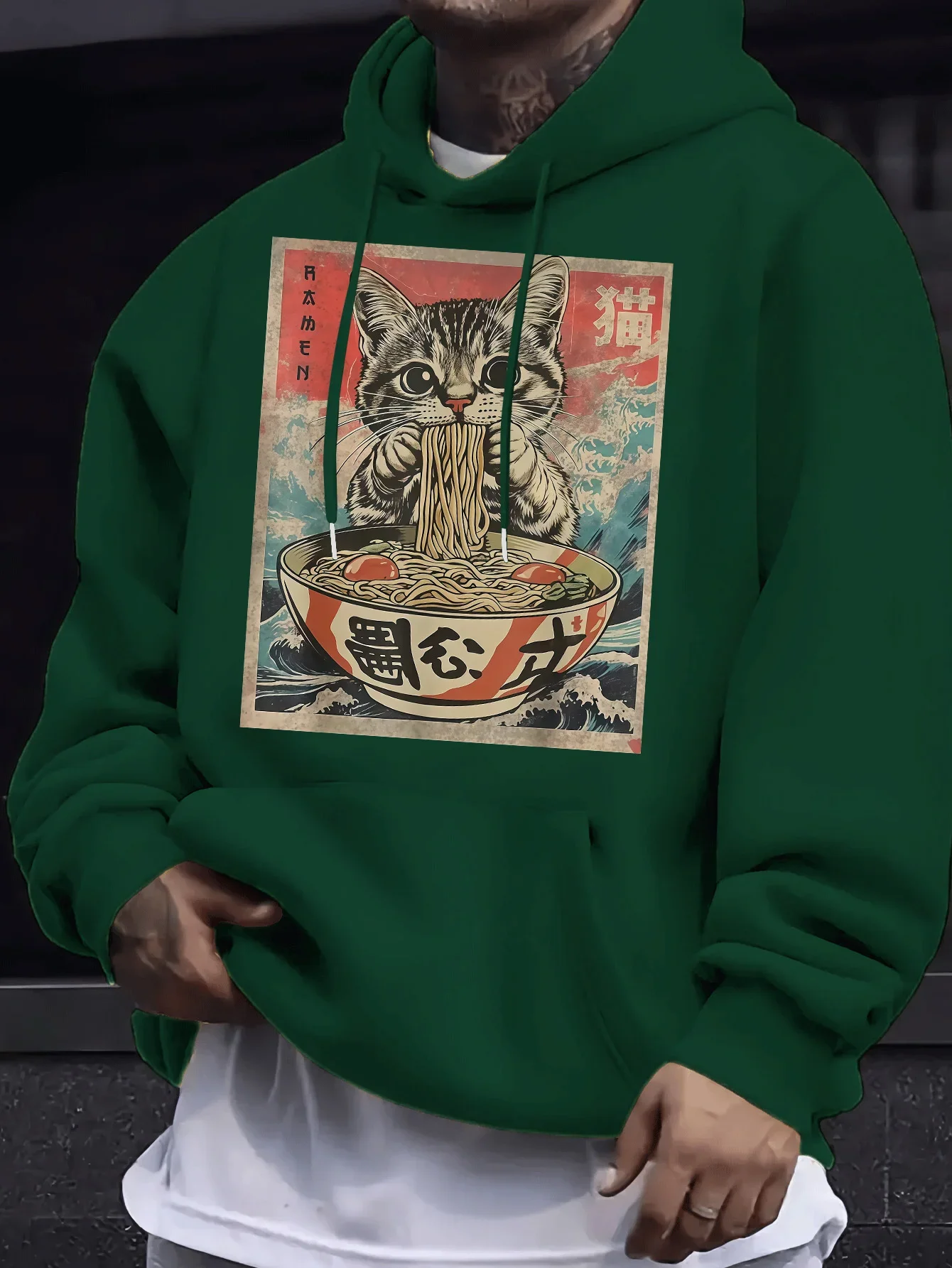 Men Cat Ramen Hoodie Japanese Ukiyo E Noodle Cat Vintage Graphic Print Loose Fit Streetwear Pullover Sweatshirt Autumn Winter