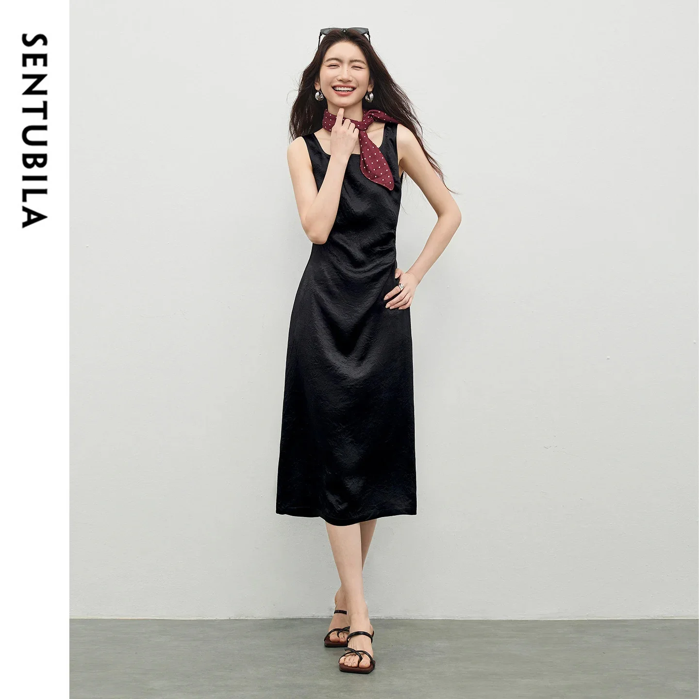 

SENTUBILA Women's Satin Sleeveless Dress 2026 Summer New Elegant Square Neck Ruched Back Slit Straight Midi Dress 162LP6160