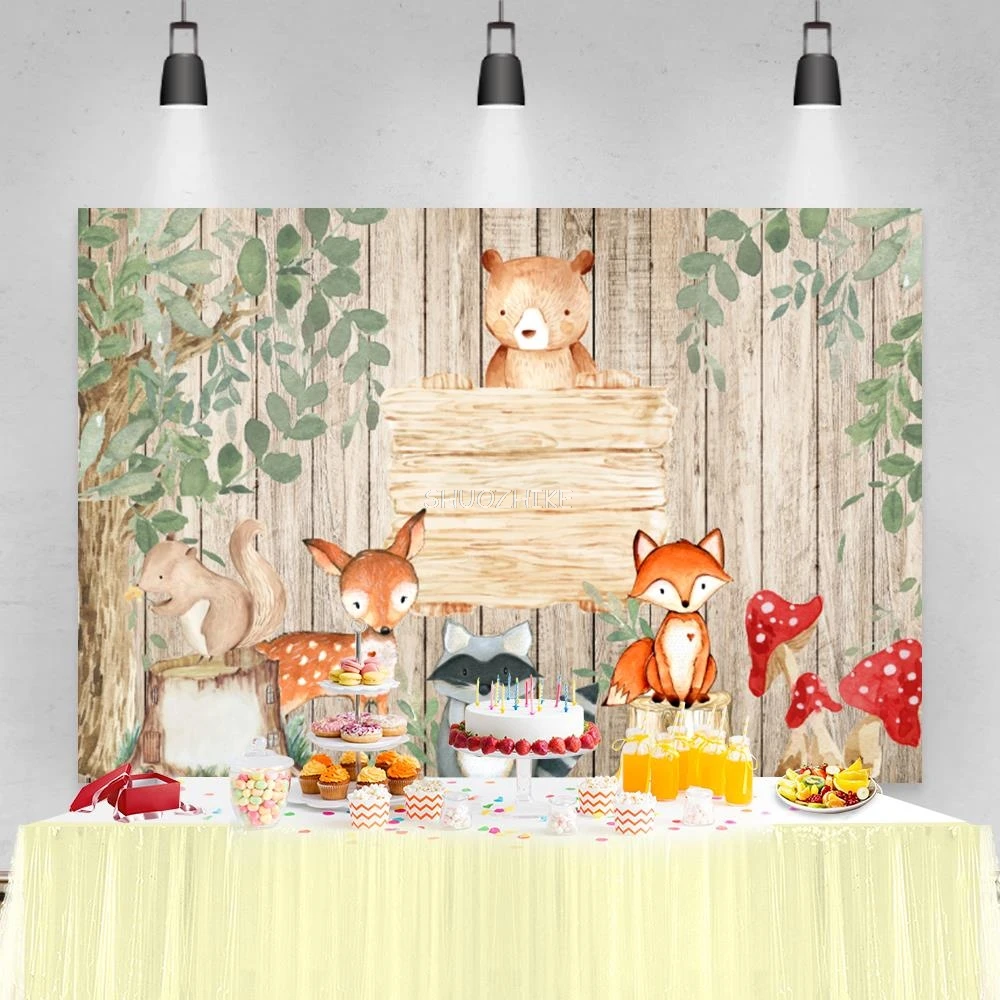ไม้วันเกิดพื้นหลังสําหรับภาพสีน้ํา Fox ยีราฟ Safari Baby Shower ที่กําหนดเองแบนเนอร์โปสเตอร์ Party ฉากหลัง