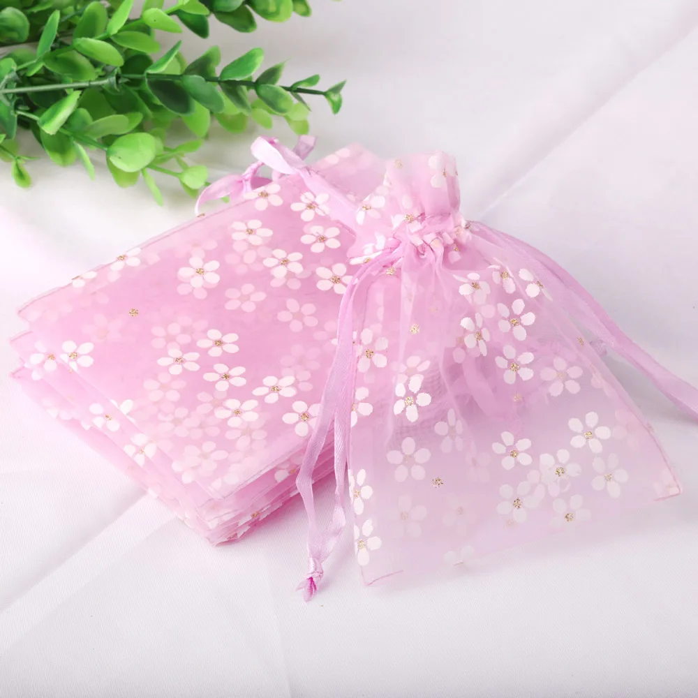 10pcs 10x14cm 13x18cm 16x23cm Light Colors Organza Bags Flower Printing Wedding Candy Packaging Drawstring Pouches Gift Bag