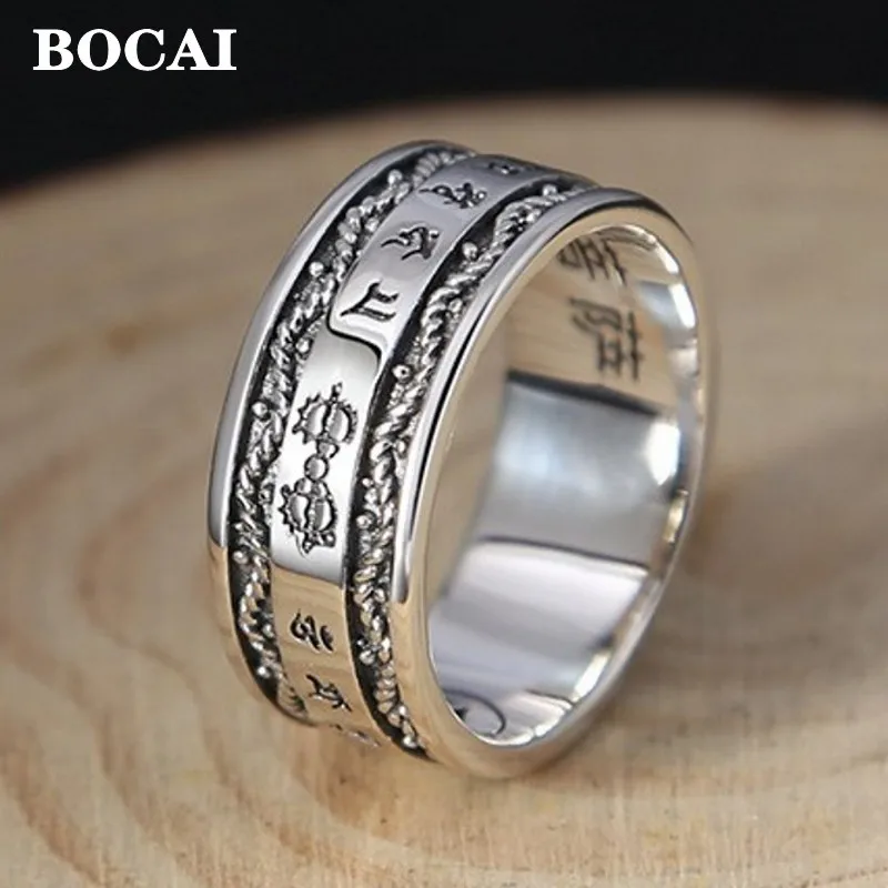 BOCAI New 100% Real S925 Pure Silver Fashion Jewelry Buddhist Six-Character Mantra Couple Rring Retro Thai Good Luck