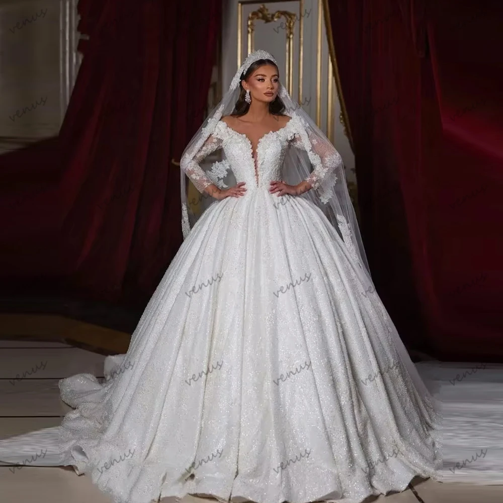 ชุดแต่งงานสุดหรูทรงเอไลน์ ประดับลูกไม้ แขนยาว สำหรับงานเลี้ยงอย่างเป็นทางการ ชุดเจ้าสาวแบบสั่งตัด