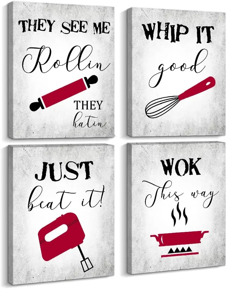 Creoate Kitchen Canvas Wall Art, 4 Pieces Funny Kitchen Rules Songs for Wall Decor, Vintage Red Canvas Print Artwork Framed sign
