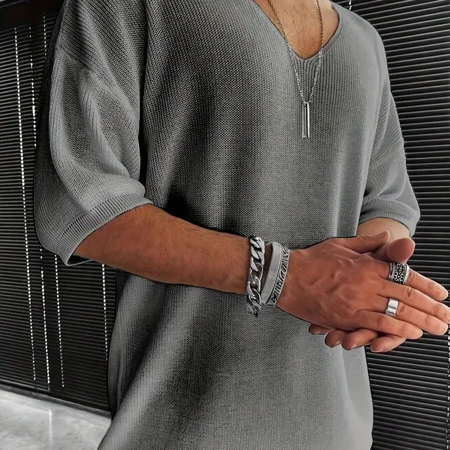 

Mens V-Neck Loose Knit Short Sleeve Casual Sweater Summer