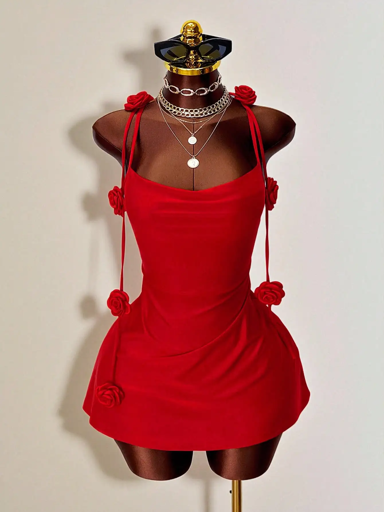 Red 3D Rose Embellished Halter Mini Dress, Slim Fit Backless with Drawstring Straps