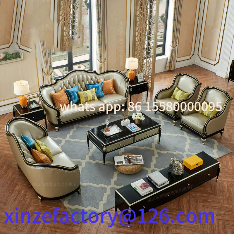 

Customizable American leather light luxury solid wood sofa living room combination villa