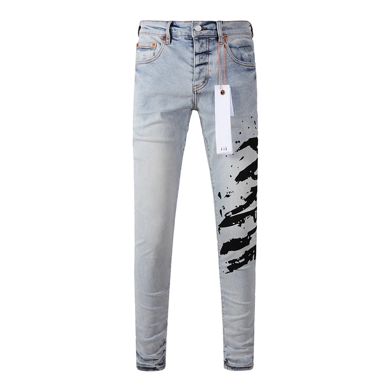 

Men's Distressed American Streetwear High Stretch Skinny Button Fly Letters Printed Ripped Jeans Pants