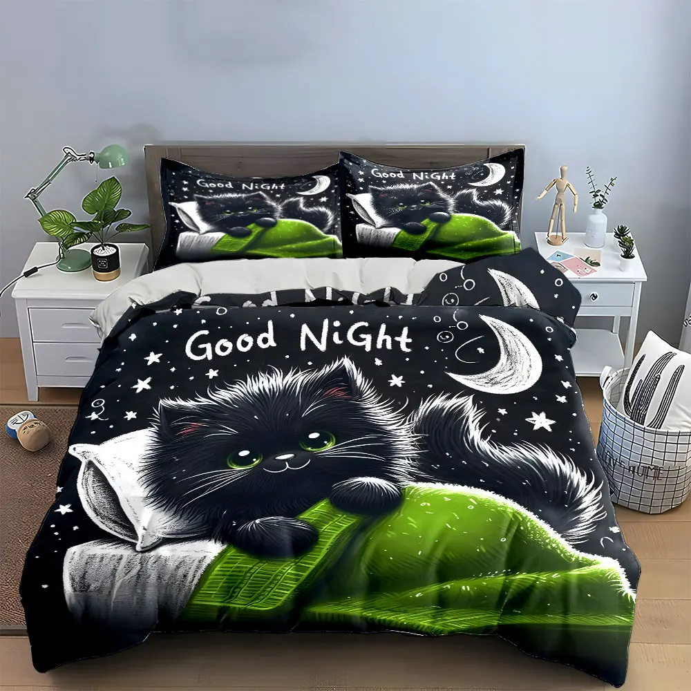 Cute Cat Bedding Set Night Bedding Set with 1 Duvet Cover 2 Pillowcases Single Double King Queen, Gift