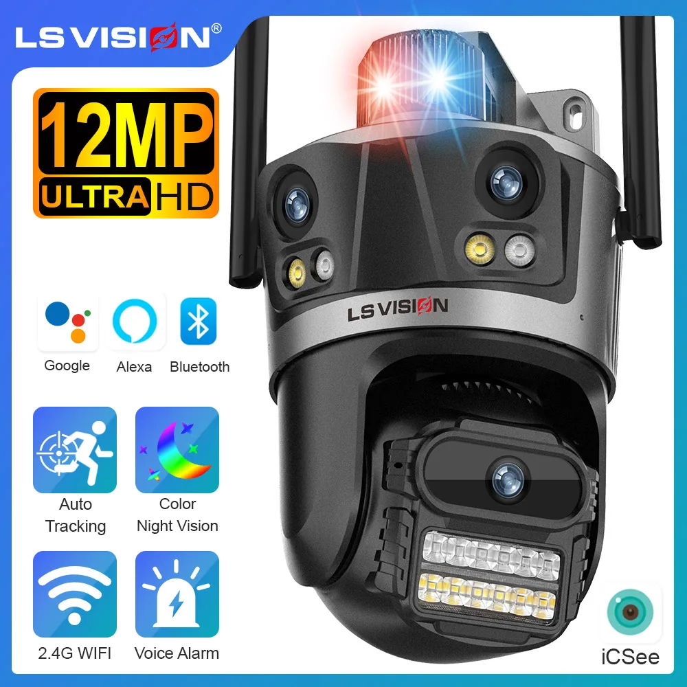 LS VISION-cámara IP de tres pantallas para exteriores, videocámara de seguridad con seguimiento automático, iCSee, alarma de luz roja y azul, 12MP, 6K, WiFi, PTZ