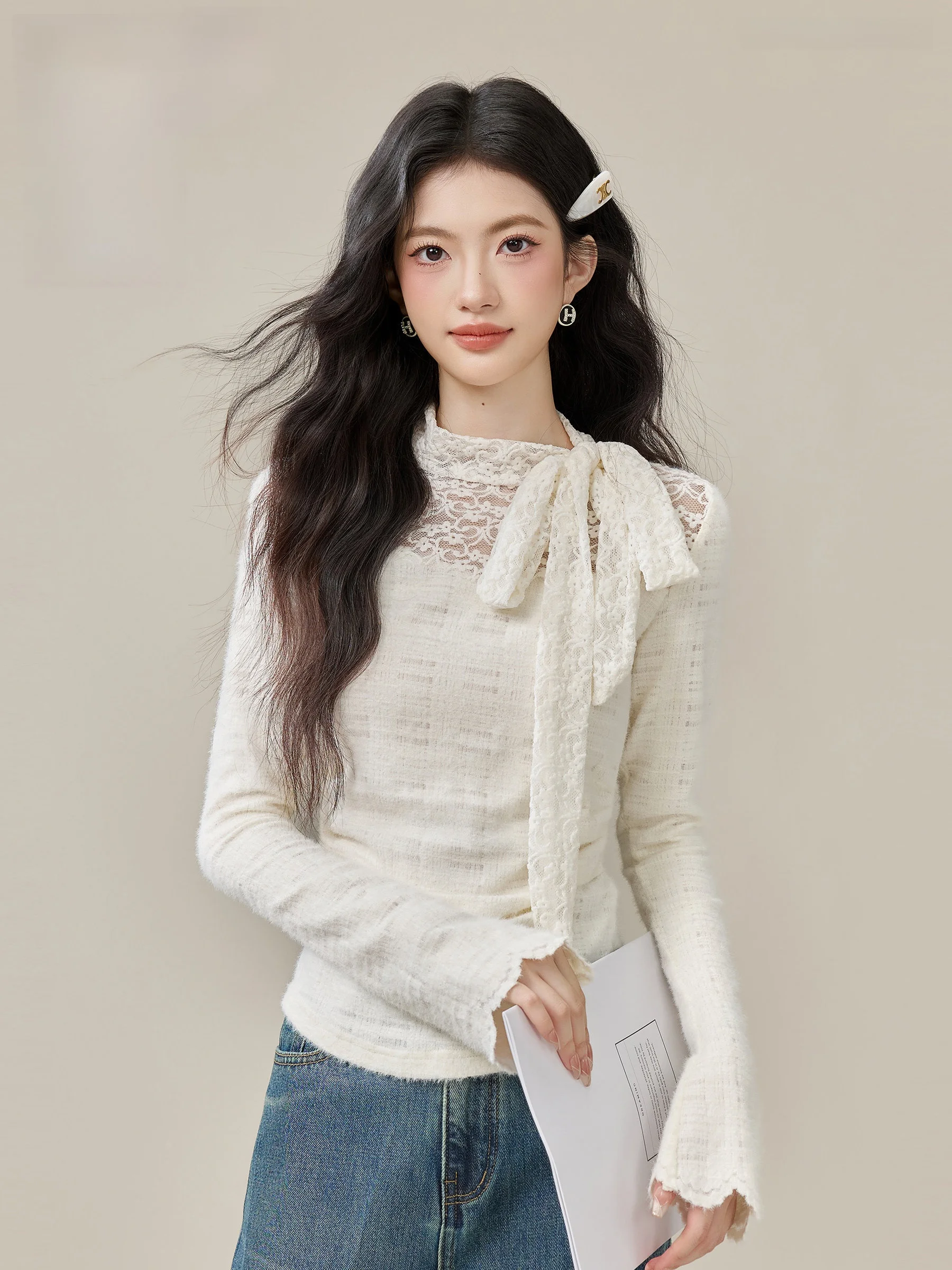 

Lingjiu Cloud Feather Warmth Lace Knot T-irt Women's Autumn Winter New Sle Small Size Base irt Sweet Sle