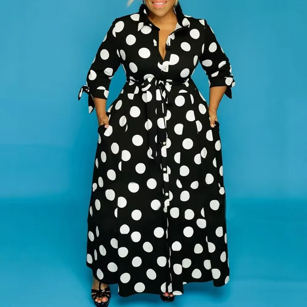 Robe chemise à manches longues pour femme, grande taille, mode printemps, ligne A, imprimé à pois, poches décontractées, robe à lacets, élégante