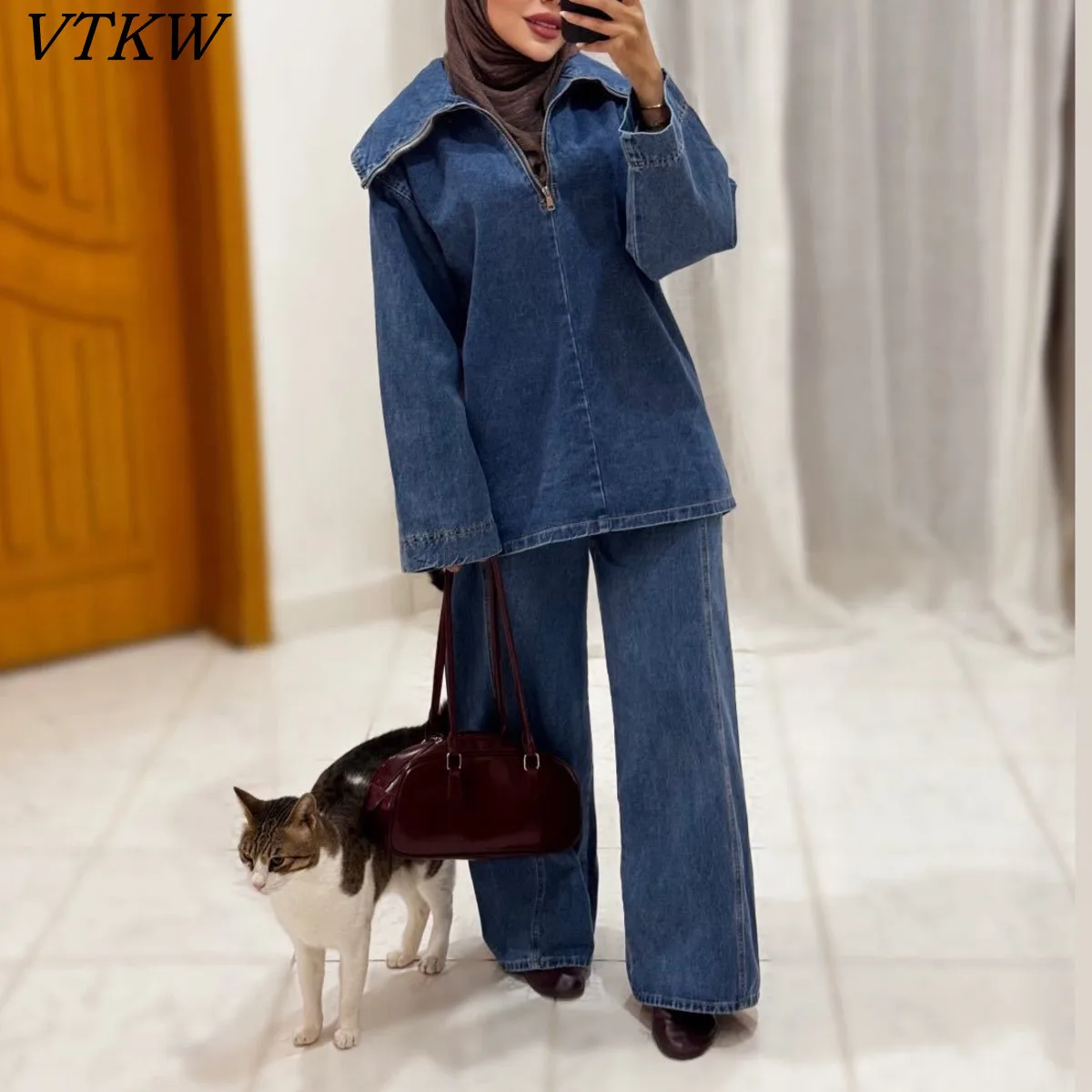 

VTKW 2025 Women's Denim Two Piece Set Wide Leg Pants Jacket Zipper Casual Chic Vintage Elegant Comfort New Autumn Winter