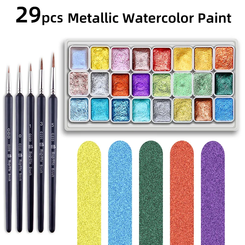 Starlight Metallic Pearlescent 24 Farben Festes Aquarellfarben-Set mit 5 Detailpinseln zum Malen, Schreiben und Dekorieren