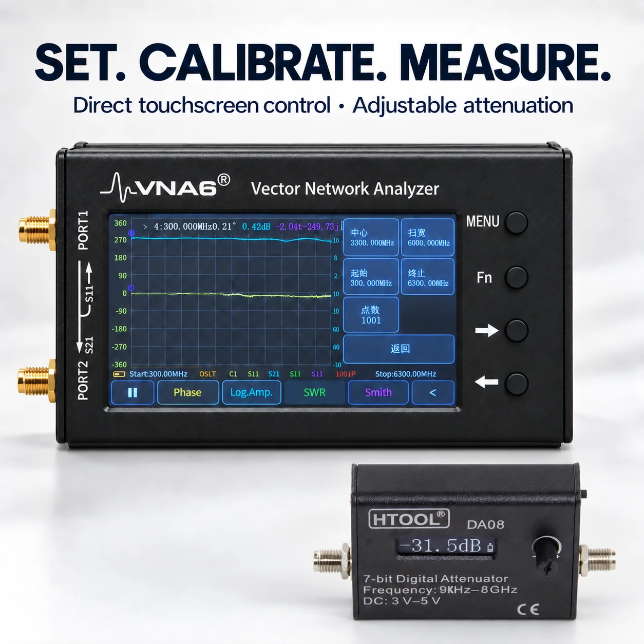 HTOOL VNA6 Vector Network Analyzer 1MHz-6.3GHz S11 S21 TDR with DA08 9kHz-8GHz Digital Attenuator RF Test Kit