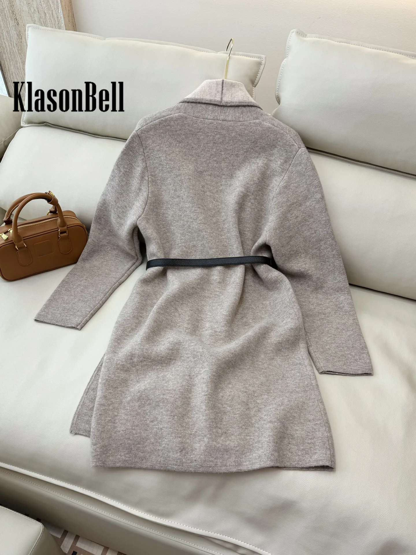 9.4 KlasonBell Women Classic Double-Suede Patchwork Color Lapel Collar Wool Knit Cardigan With Leather Belt Long Sleeve Coat