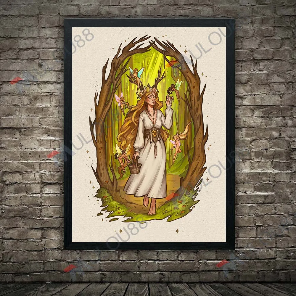 الطبيعة الساحرة والحيوانات، خمر الرسم على لوحات القماش الجدارية قزم سيدة الخيال الفني المشارك والطباعة لتزيين غرفة المعيشة