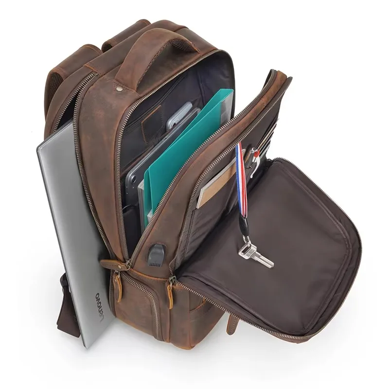 Vintage Rindsleder Laptop Computer Große Kapazität USB Crazy Horse Kuh Taschen MenBusiness Reise Echtes Leder Rucksack