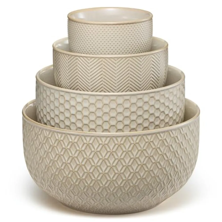 Ceramic Mixing Bowls Nesting Set of 4 Embossed Kitchen Dishware Prep Serving Gift Microwave and Dishwasher Safe 20/44/98/145 oz