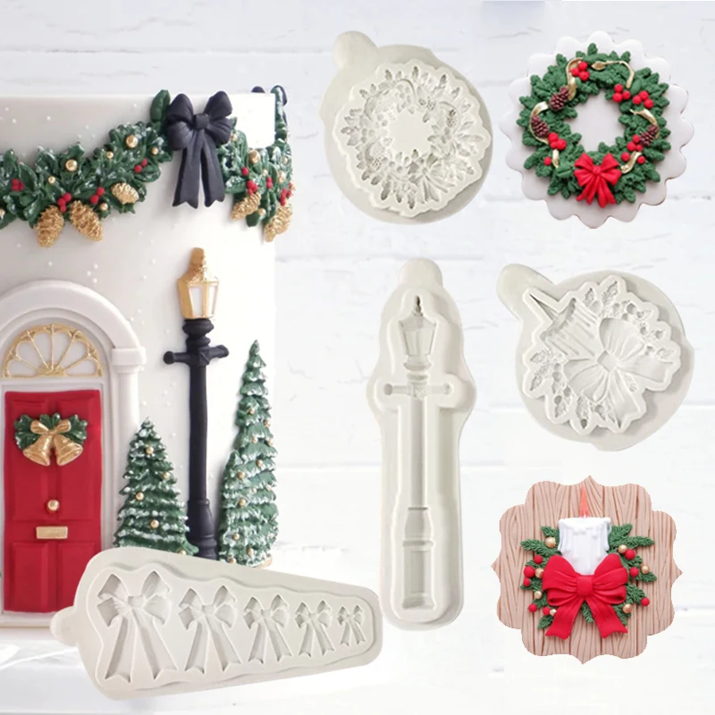 Christmas Wreath  Bow and Lamp Post Silicone Mold Fondant Cake Decorating Mold Clay,Sugarcraft Cupcake Top Chocolate Baking Tool