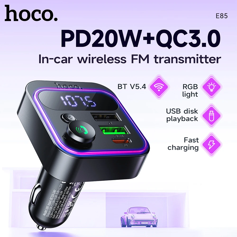 

HOCO PD20W QC3.0 Charger in Car Bluetooth 5.4 FM Transmitter with RGB Light USB Disk Playback Handfree Adapter For Music Audio