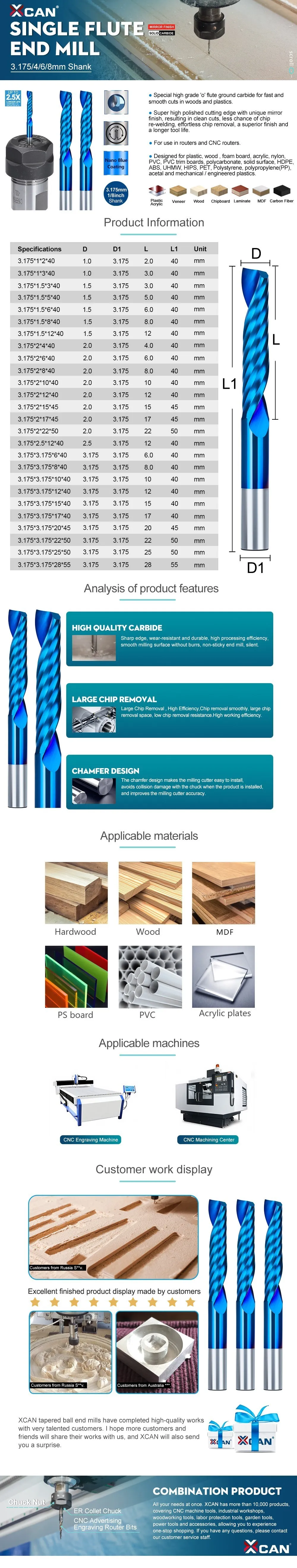 XCAN Einzigen Flöte Mühle 3,175mm(1/8 '') schaft Nano Blau Beschichtet CNC Router Bit Spiral Fräsen Bit für Aluminium Schneiden – Detail 3