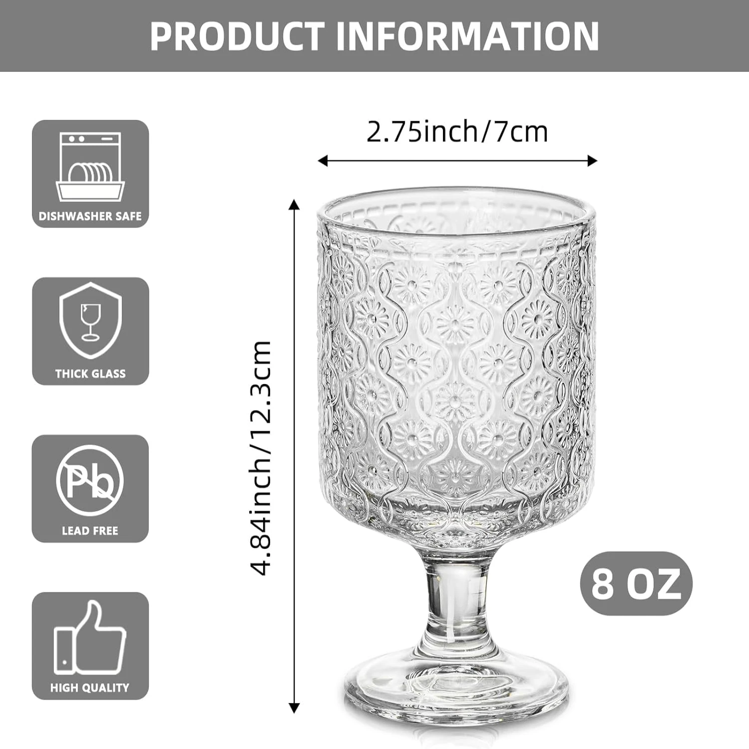 Vintage Embossed Transparent Glass Cups Set of 4, Stylish Drinking Glasses with 12.5oz Capacity, Elegant Patterned Glassware for