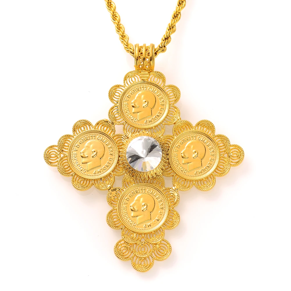 Classic Big Coin Cross Gold/Silver Plated Pendants Necklaces GF Jewelry Africa Habesha Ethiopian Eritrea Woman Man Wedding Gifts