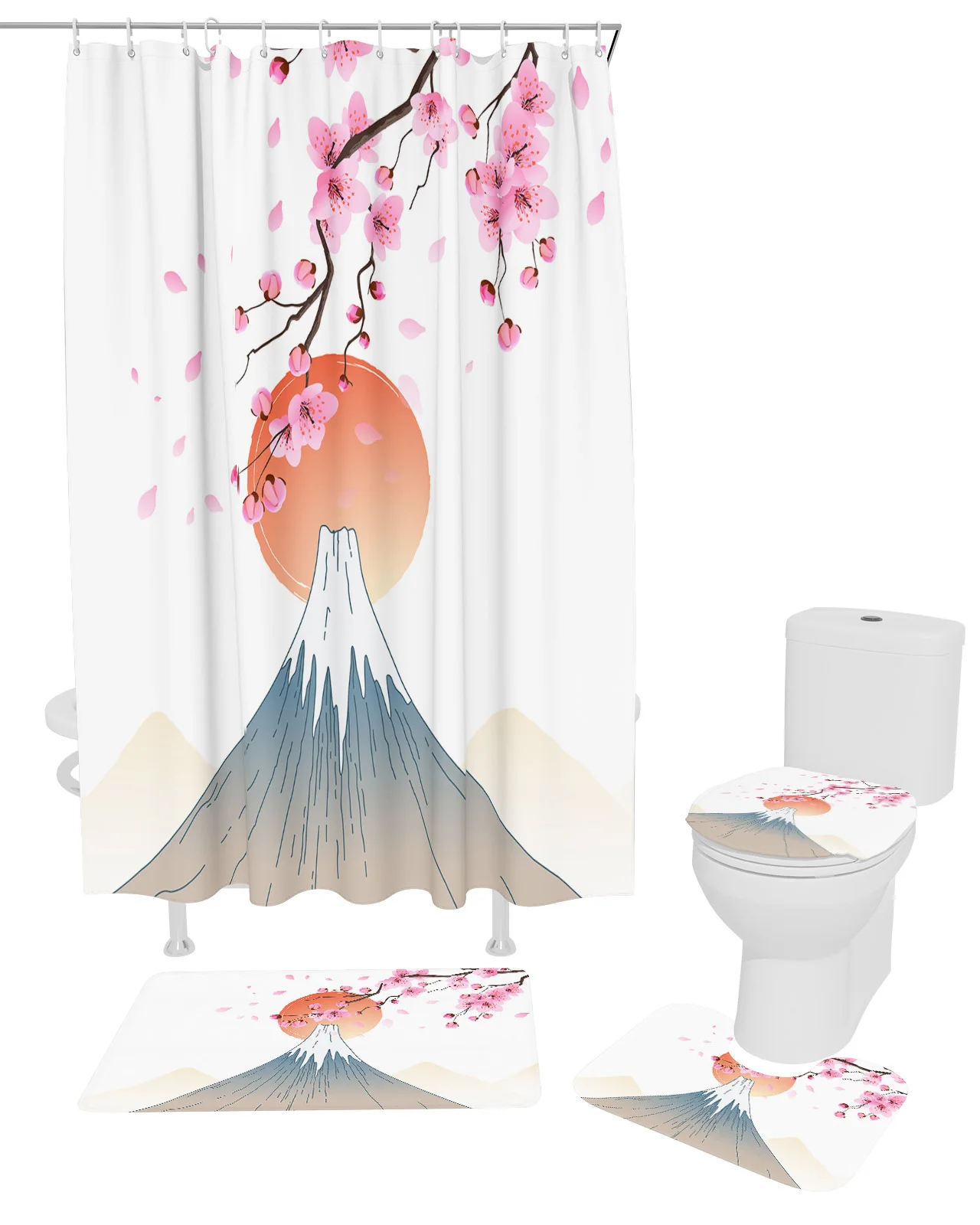 Japanese Style Mt. Fuji Sakura Shower Curtain Set Non-Slip Rugs Bath Mat Toilet Lid Cover Waterproof Polyester Bathroom Curtain