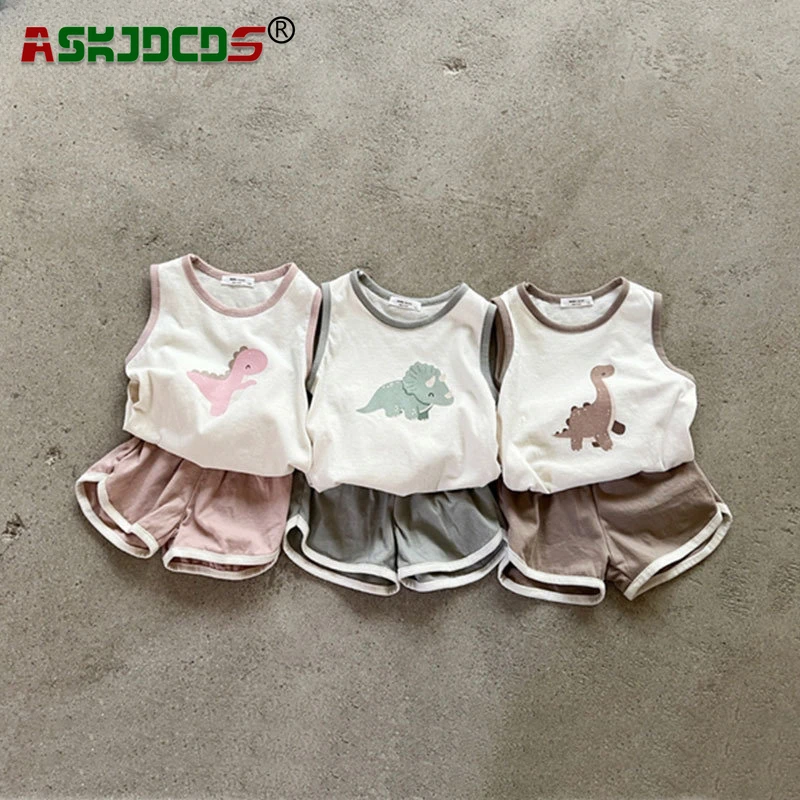 

2024 Vest Set Summer Kids Baby Girl Boys Sleeveless Cartoon Print Top Vest+Shorts Toddler Infant Clothing Children Cute Cool Set