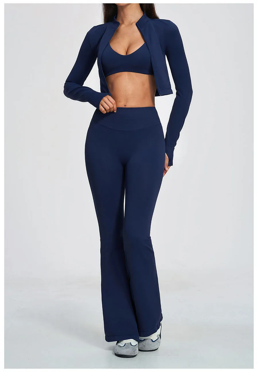 Damen-Trainingsanzug 3-teilig, Yoga-Anzug, nahtloses Sportset, ausgestellte Leggings, Fitness- und Laufoutfit, langärmelige Sportjacke, Yoga-Bekleidung – Detail 11